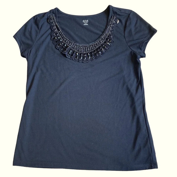a.n.a Black T-shirt With Beaded Jeweled Collar, Size Petite Large, New With Tags - Picture 3 of 13